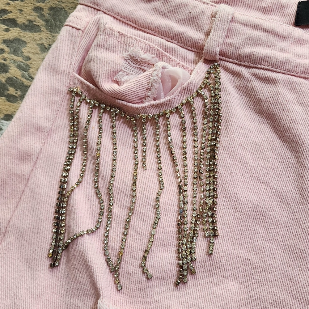 Pink Distressed Women Shorts with Gemstone Tassle Detail - Picture 4 of 7